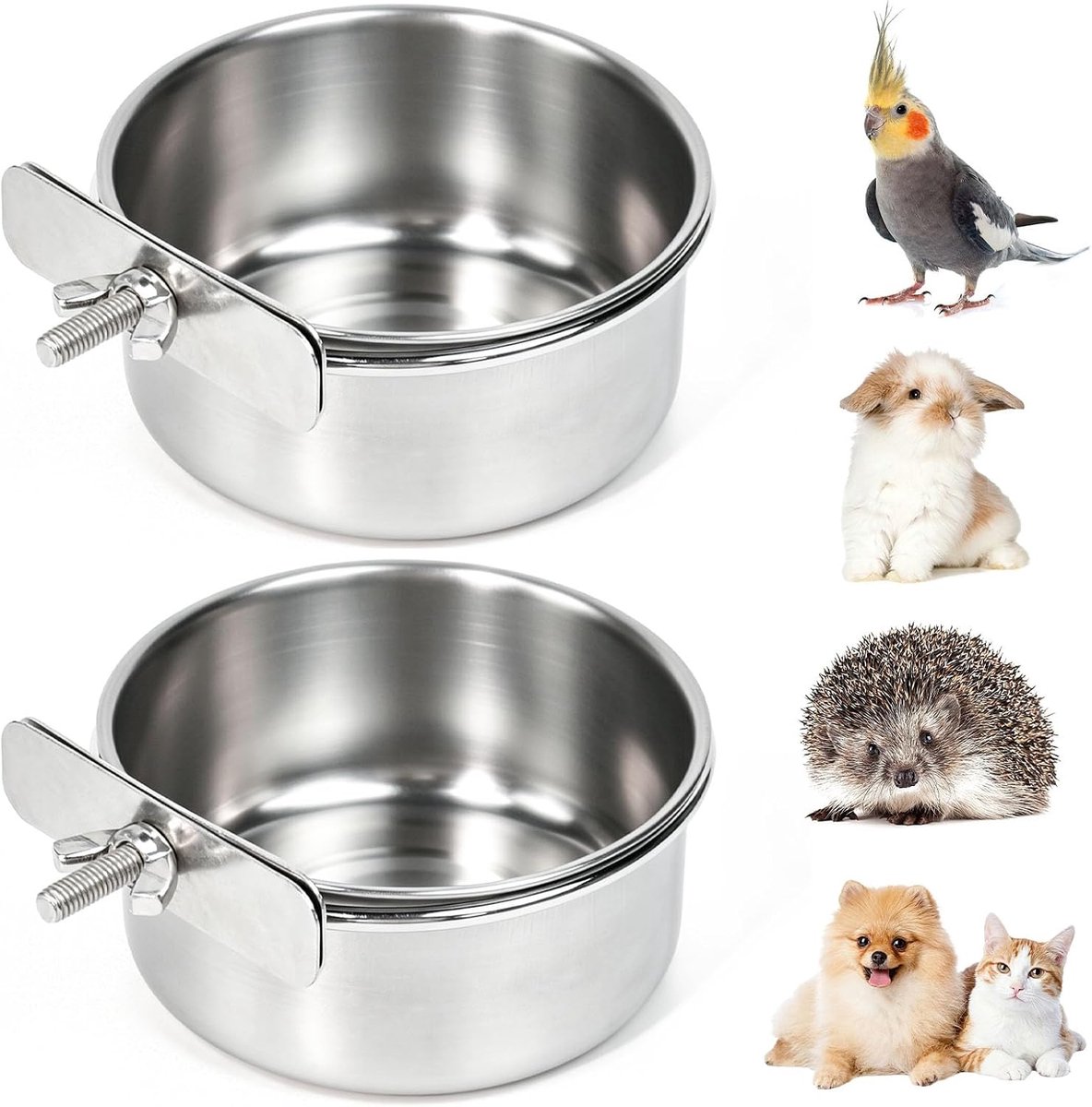 KZQ Roestvrijstalen Vogelvoederbakje Set Van 2, Hangende Voer- En Waterbak Voor Kooi, 10x4,5 Cm, Geschikt Voor Kleine Dieren Zoals Hond, Kat En Konijn