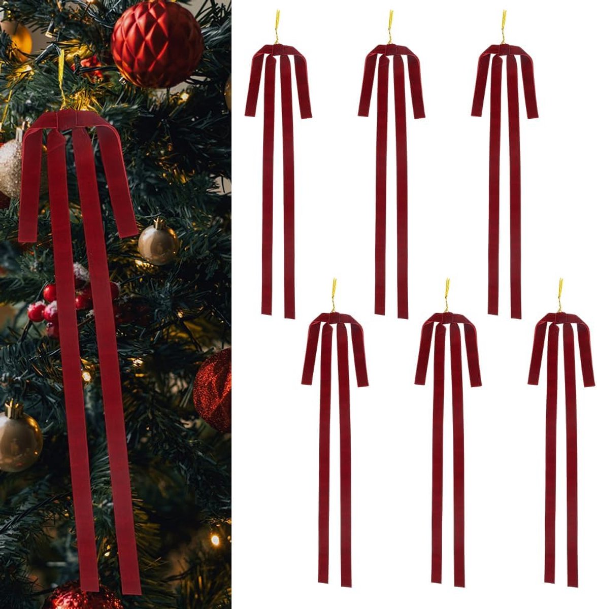 SnelShoppen - 6 Vintage Kerststrikken Donkerrood 395mm Breed - Polyester Decoratieve Hangdecoratie voor Kerstboom en Feestdagen