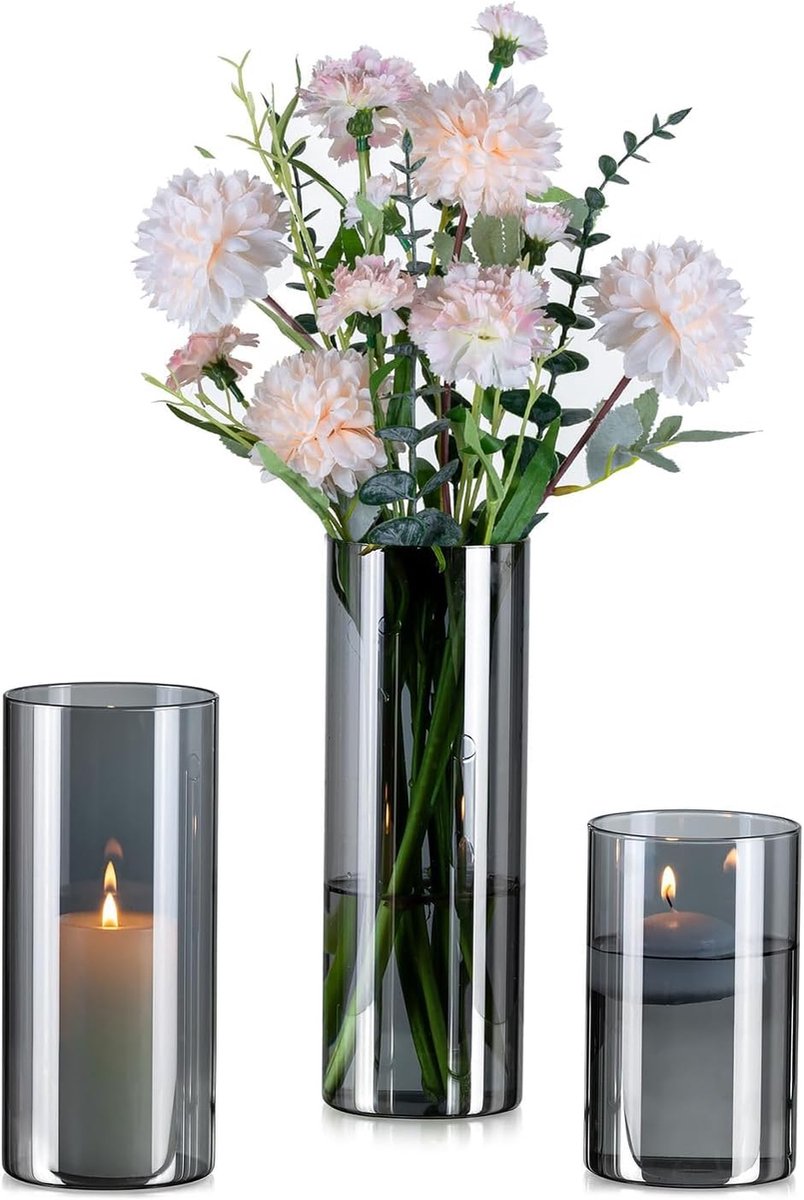 Glasseam Glass Cylinder-Shaped Vase for Home: Gray Flower Vase Set of 3 for Room Wedding Kitchen Shelf Decoration - ShopVlot