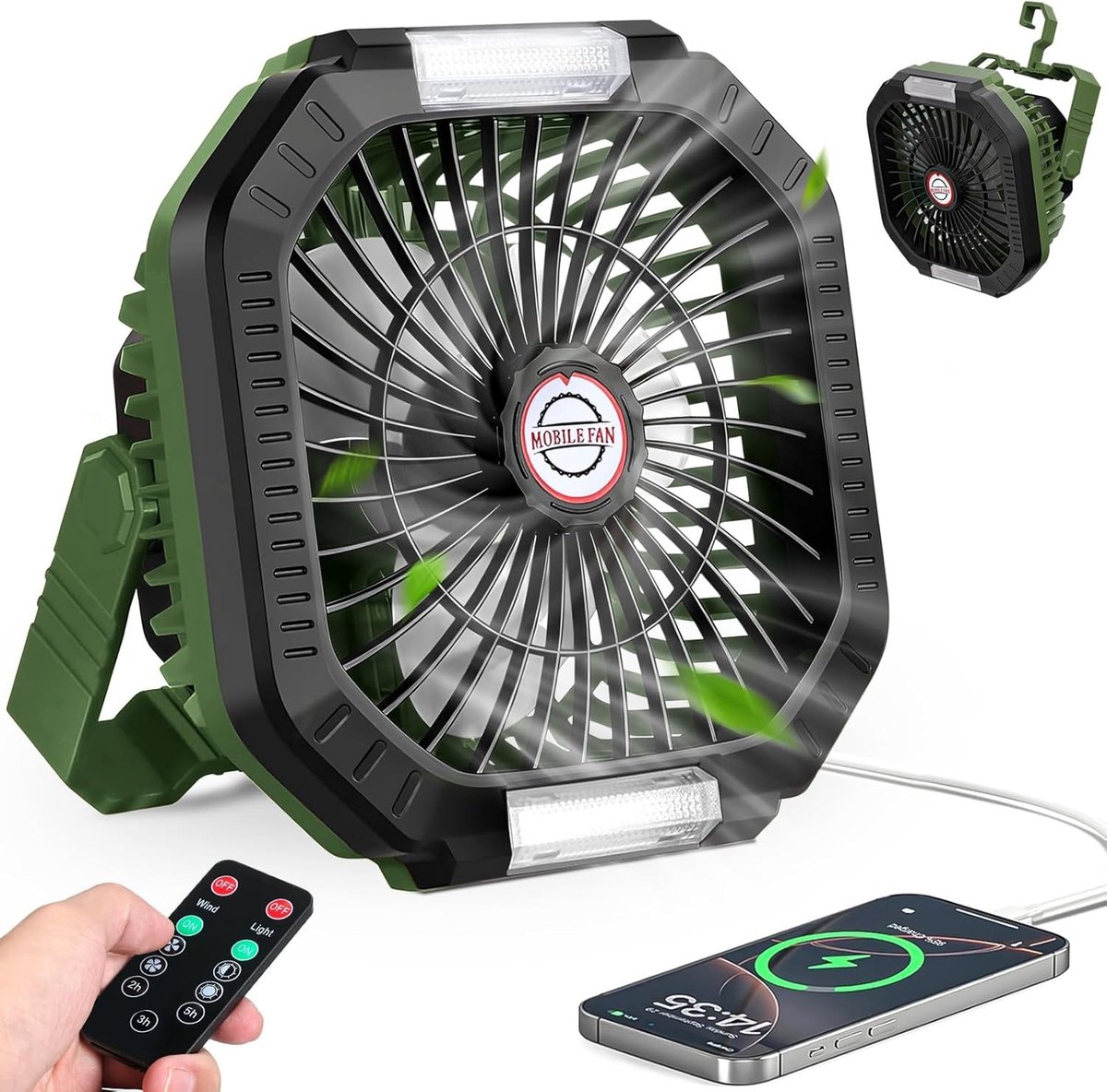 Campingventilator - Zwart - Draagbare Oplaadbare Ventilator met LED Lamp - Voor Buitenactiviteiten