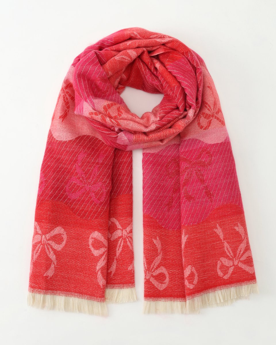Nouka - Dikke Winter Sjaal - Roze Rode Sjaal - Vrolijke Sjaal - met Strikjes print - Cadeau voor Vrouwen - 65 x 180 cm