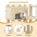 Beige krabpaal met vergroot kattenhuis, sisal touw, bal en borstel.
