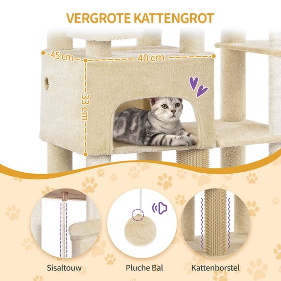Beige krabpaal met vergroot kattenhuis, sisal touw, bal en borstel.