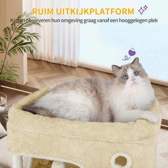 Beige kattenmand met dikke, zachte vacht. Een ragdollkat met blauwe ogen ligt comfortabel in de mand.