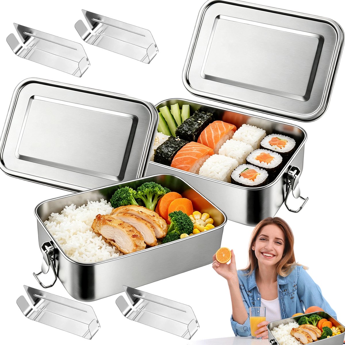 Lunchbox - Bento Box - 2 Stuks - 1400 ml - 304 Roestvrij Staal - 2 & 3 Vakken - Luchtdicht & Lekvrij - Vaatwasmachine - Maaltijdcontainer - Volwassenen en Kinderen - Voor School en Werk