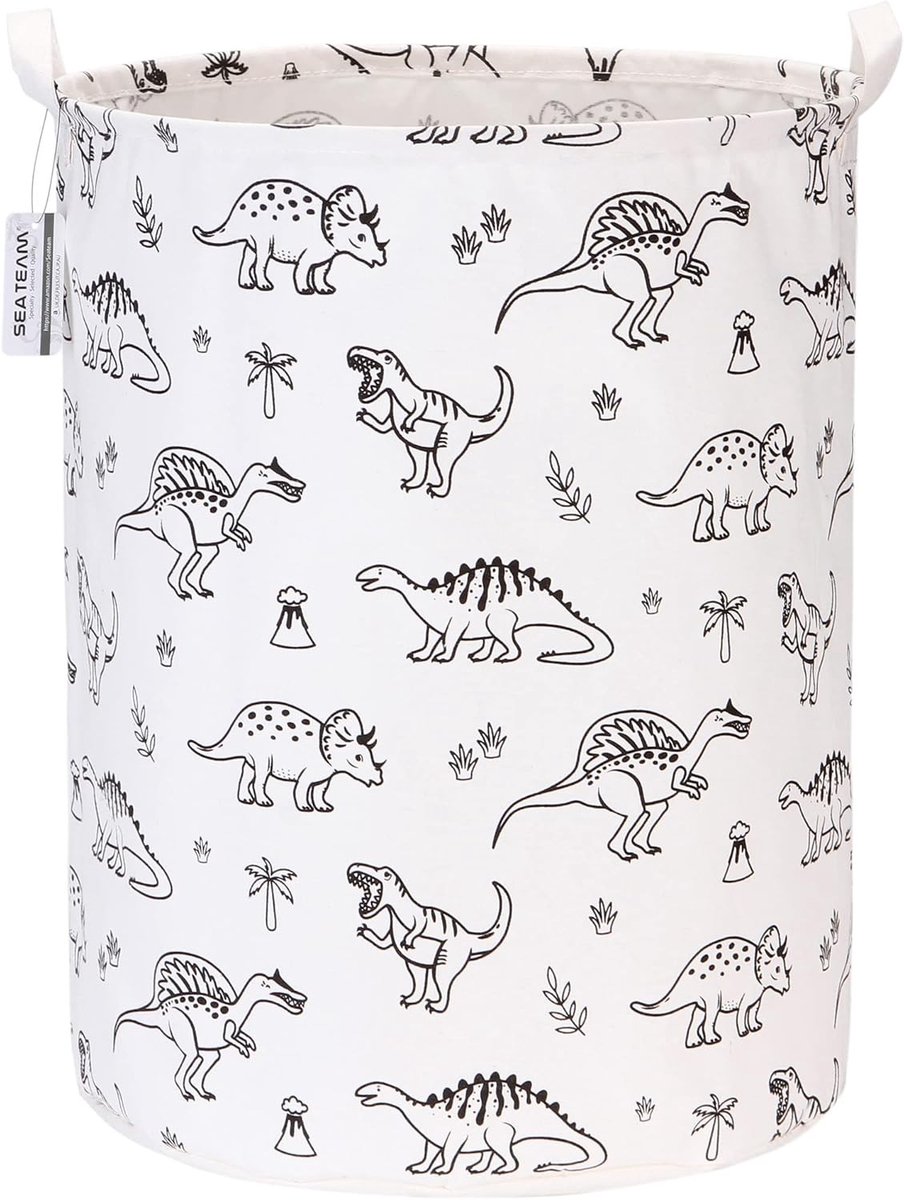 Vouwbare Waterdichte Ramie Katoenen Wasmand met Stijlvol Dinosaurus Ontwerp - 50cm Cylindrische Jute Canvas Opbergmand voor Speelgoed en Kleding