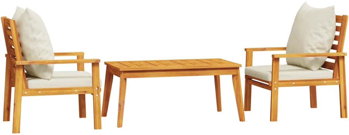 vidaXL 3-delige - Loungeset - met - kussens - massief - acaciahout crèmewit