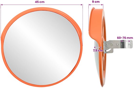 Rétroviseur de circulation orange de 45 cm de large, 9 cm de profondeur, avec support de montage.