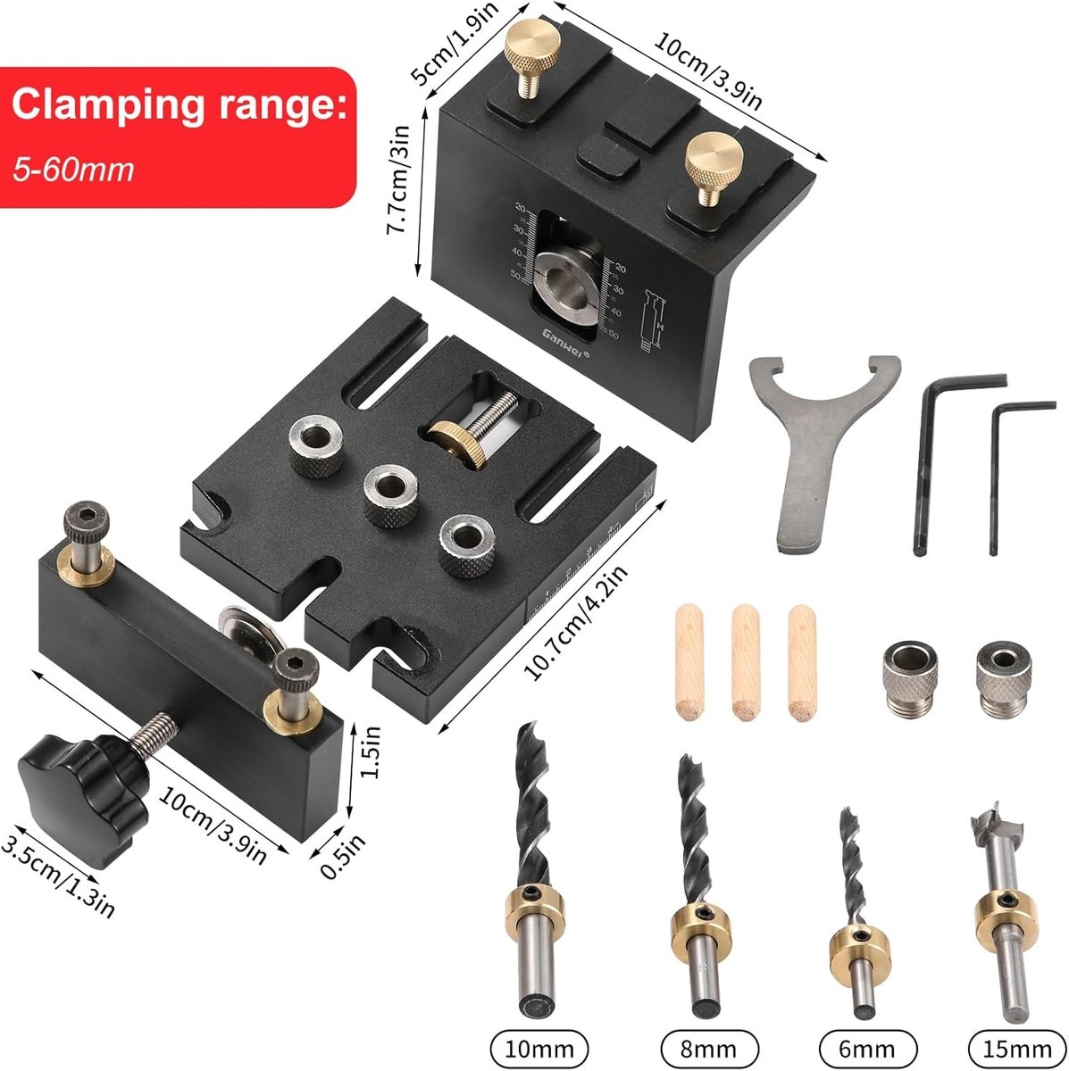 Boormalset, 8/10/15 mm Pocket Hole Mal, 3-in-1 Deuvelboorgeleiderkit, Doe-het-zelfgereedschap voor Houtbewerking (Zwarte Boormal)