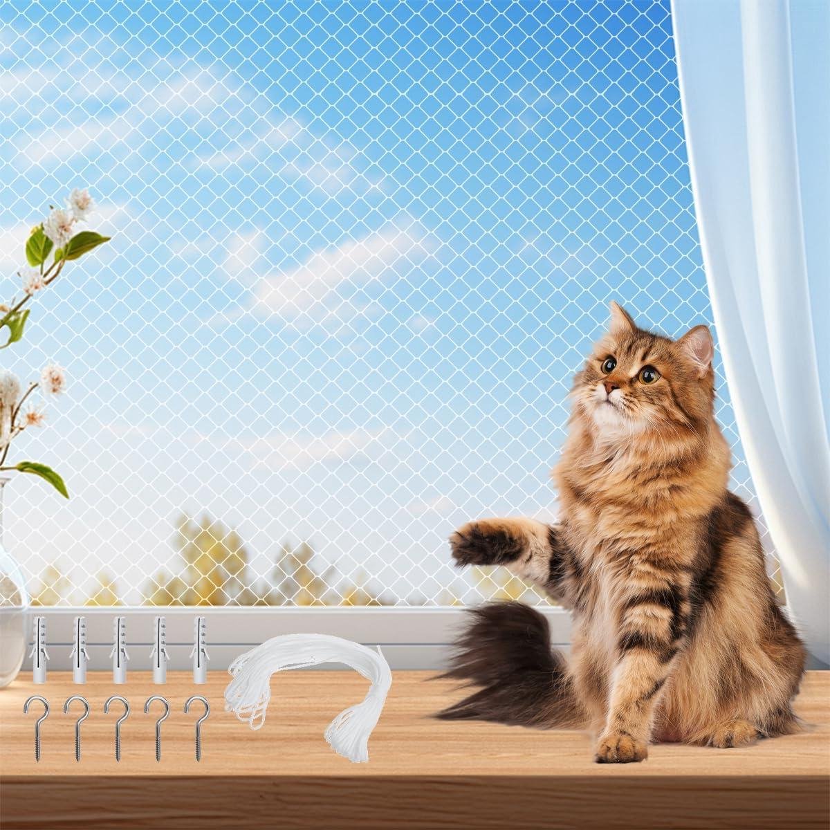 Kattennet Balkon - Veiligheidsnet Kat - Buiten Zitten - Zonder Boren - 3 x 8 Meter - Wit