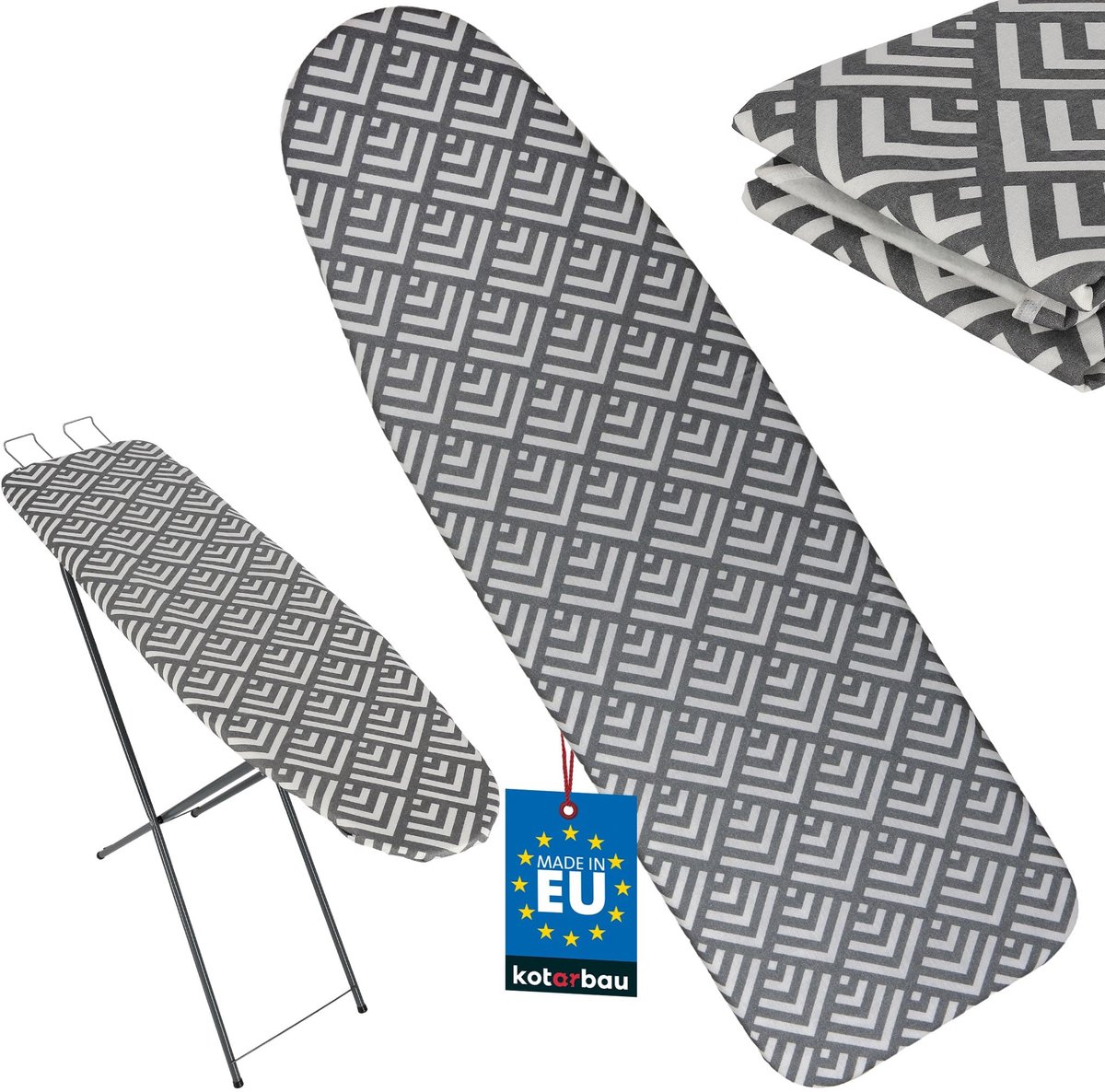 KOTARBAU® Strijkplankhoes - Strijkplankhoezen - Strijkplankovertrek 114x36 cm - maat S - Warmtereflecterend - Katoen en Vilt - Grijs - Vierkanten
