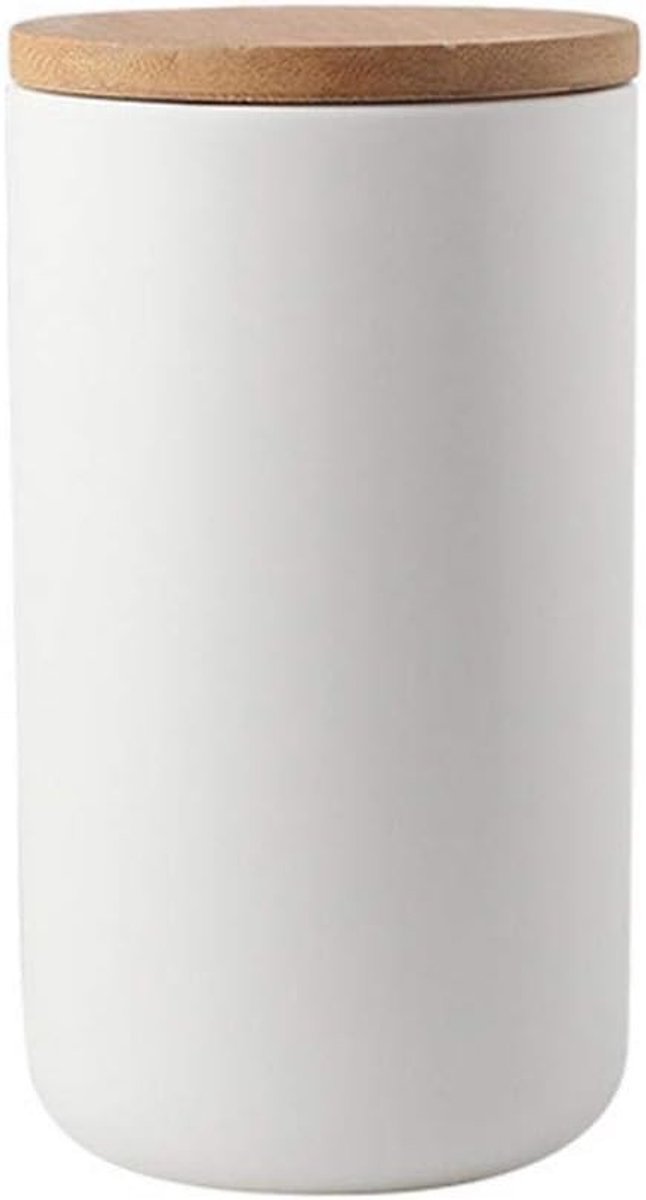 Opslagdozen van Keramiek met Bamboedeksel en Siliconen Ring - Ideaal voor Vers voedsel, Organisatie en Keukenopslag (Wit, 1000 ml)