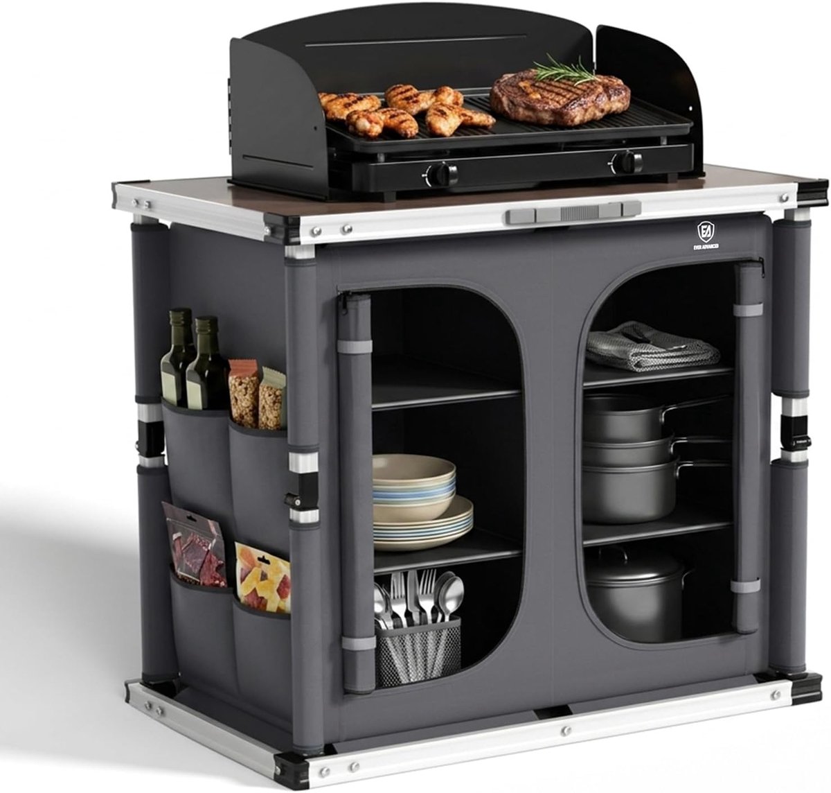 Home & Beyond® Opvouwbare Campingkeuken met Windscherm en 6 Legplanken - Campingkast met Aluminium Frame - Houtkleur - 84 x 51 x 80 cm