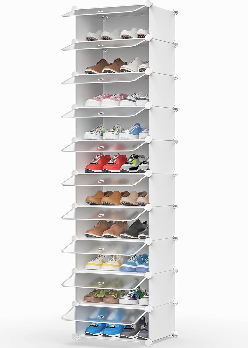 Home & Beyond® Smalle Schoenenkast met Deuren en 10 Niveaus - Schoenenrek voor 20 Paar Schoenen - Wit en Transparant - 32 x 42 x 175 cm