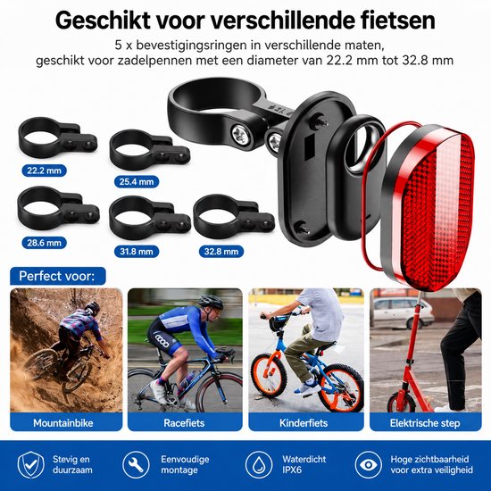 Set fietsreflectoren met bevestigingsringen in verschillende maten, voor mountainbike, racefiets, kinderfiets en elektrische step.