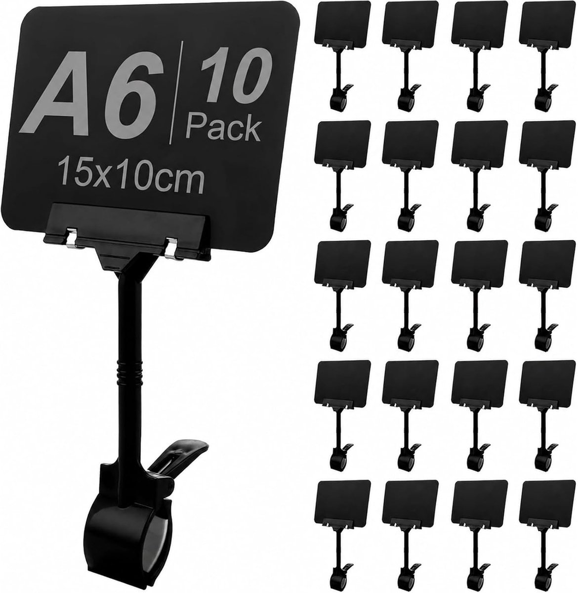 SnelShoppen - 10x15 cm Labelhouders voor Prijsweergave - A6 Zwart PVC Clips voor Supermarkt, Winkel, Markt - 10 Stuks - Waterdicht en Sterk