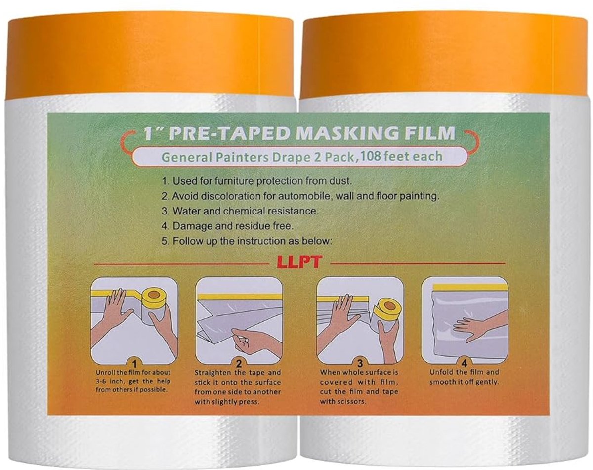 SnelShoppen - LLPT MFTO533 Beschermfolie Plakband 2 Rollen Transparante Dekfilm Zelfklevende Verf Tape voor Auto Muren Stof Spatbescherming 55 cm (Uit