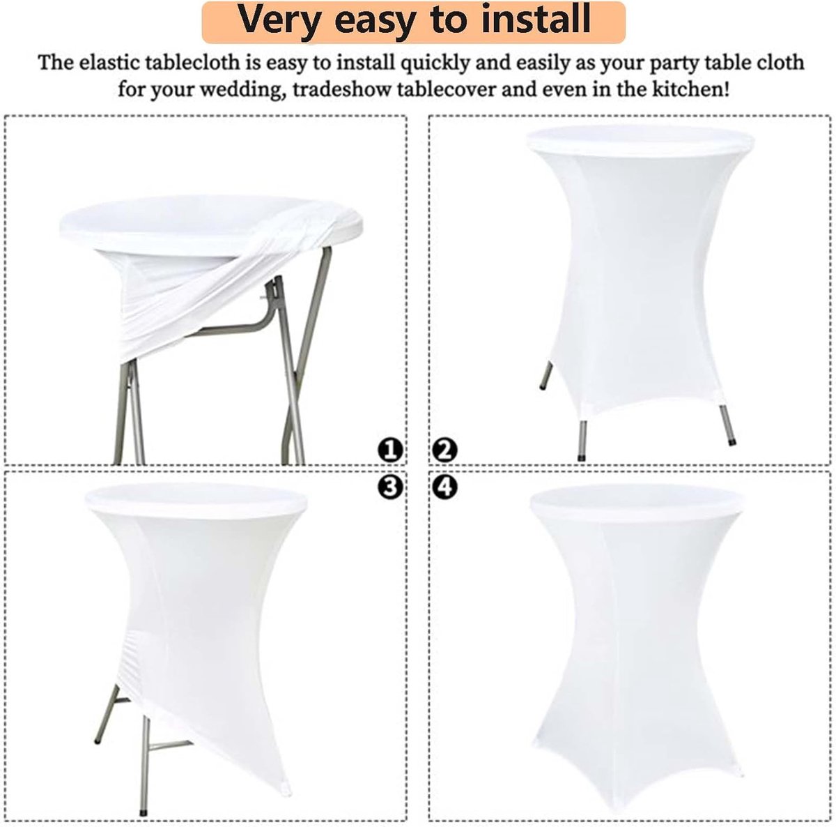 SnelShoppen - Stretchy Cocktailtafelkleed, Ronde Tafelkleed voor Bruiloft, Verjaardag, Feest, Banket, Wit, 80 x 110 cm, Set van 6 Stuks