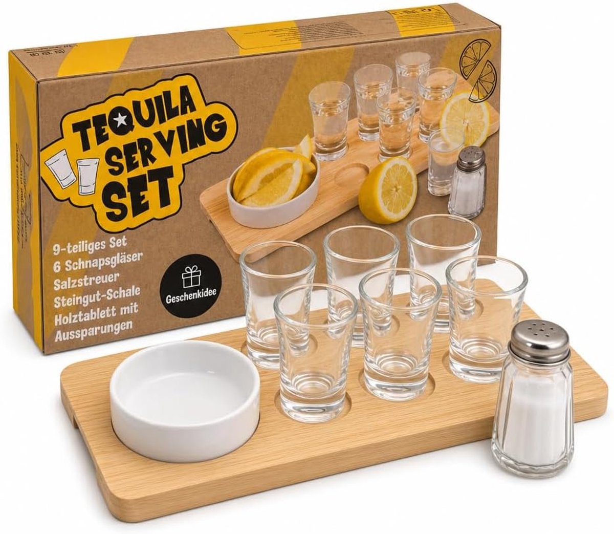 SnelShoppen - 9-delig tequila serveerset met 6 shotglazen, zoutvaatje, aardewerken schaal, houten dienblad en shotglas houder - Perfect voor feest en