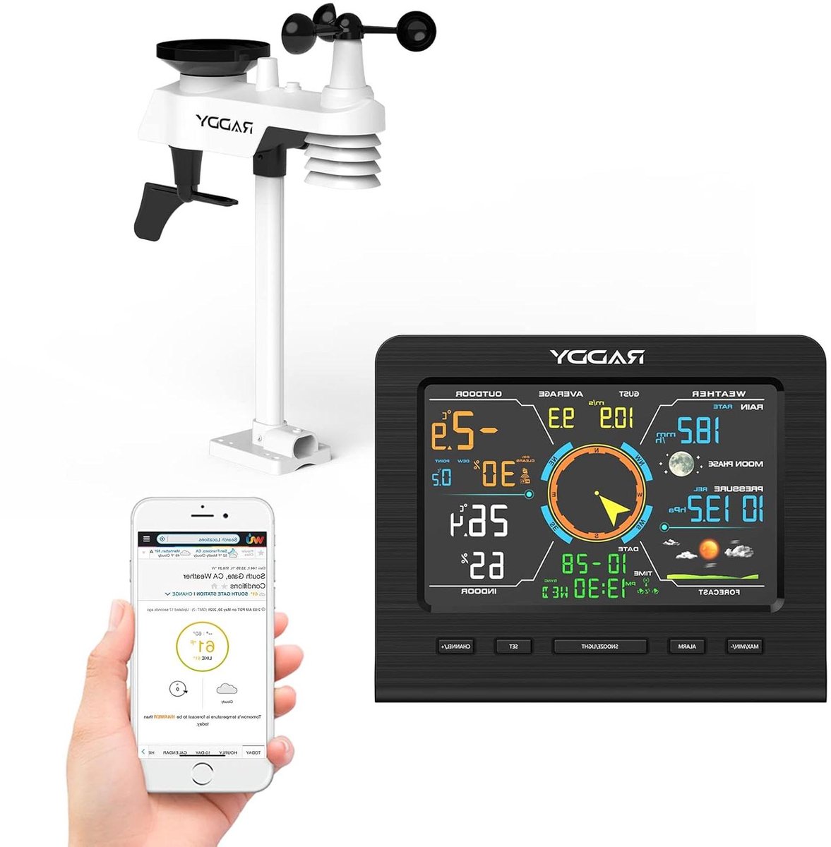 Weerstation Binnen Buiten - Weer Monitor - Weersvoorspelling Thuis - 13-in-1 Metingen - 100 Meter Bereik - Zwart