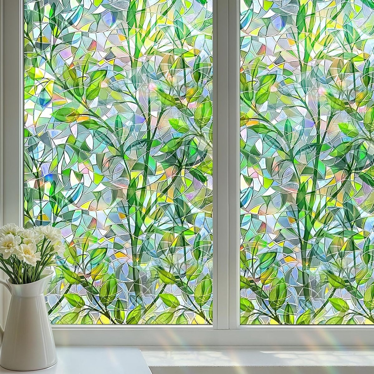 SnelShoppen - Raamsticker met groen bladpatroon 75 x 200 cm, UV-bescherming, elektrostatisch, vinyl, inkijkbescherming voor woonkamer en kantoor