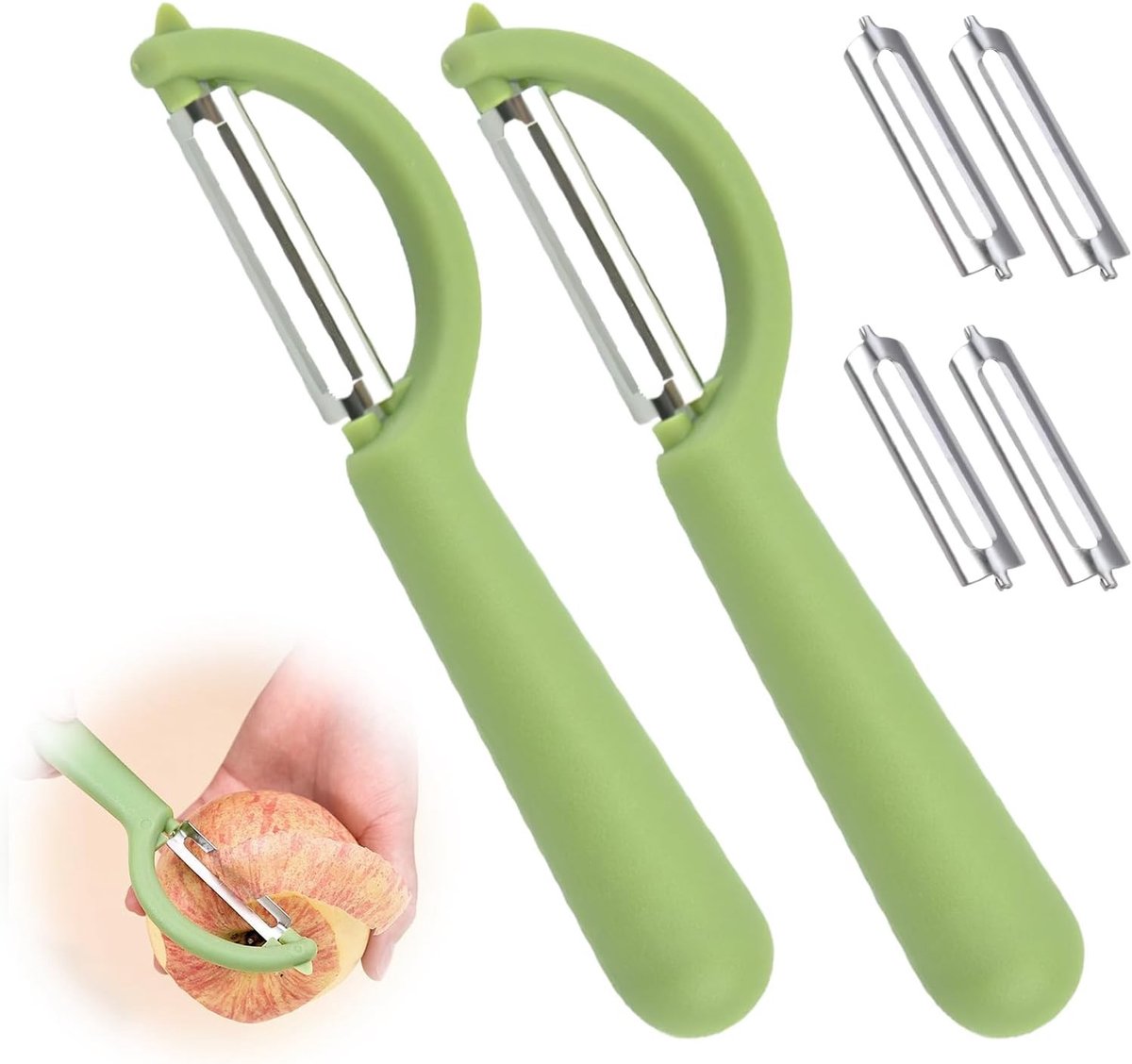Set van 2 Groentenschillers met 4 Vervangbare Messen, RVS Aardappelschiller en Aspergeschiller voor Aardappelen, Wortelen, Groenten en Fruit