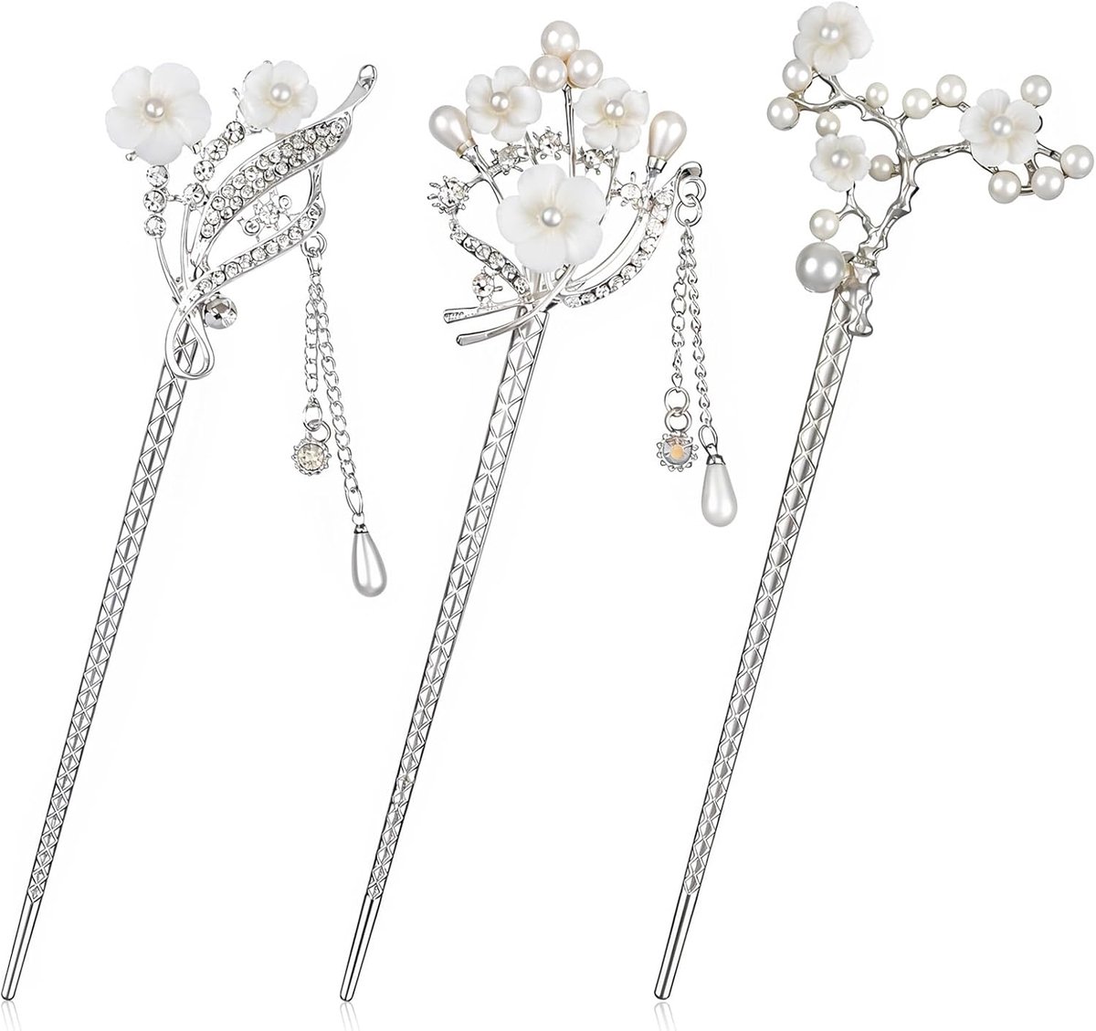 SnelShoppen - 3-delig Set Zilveren Legering Haarspeldjes met Nepparel Versiering, Vintage Chinese Stijl Strass Haarclips voor Dames, Bruiloften, Feest