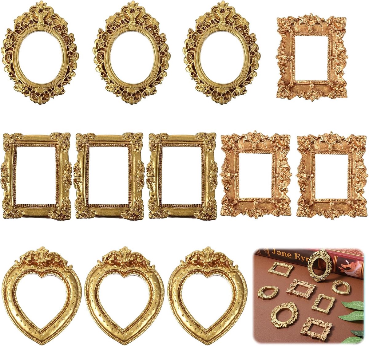 SnelShoppen - 12Pcs Vintage Mini Gouden Fotolijsten Antieke Houten Fotolijsten Ovalen Rechthoekige Wanddecoratie Tafel Fotolijsten voor DIY Sieraden K