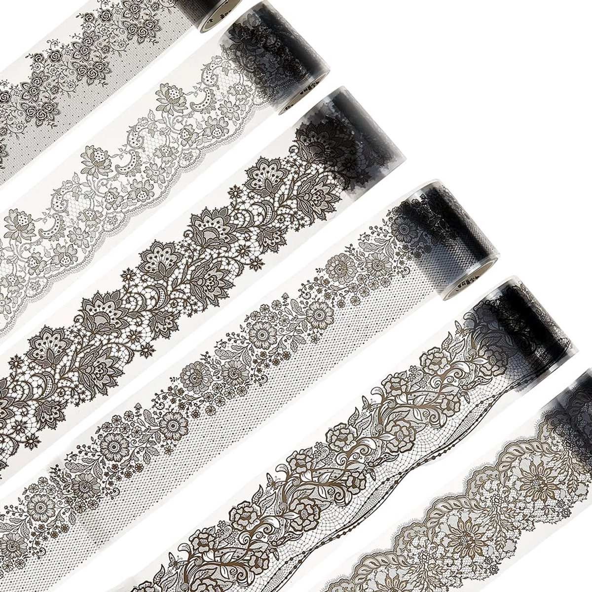 SnelShoppen - 6 Rollen Elegante Zwarte Kant Stickers - Vintage Bloemen Tape Set voor Creatieve Projecten, Scrapbooking en Journalen - 55mm x 2m