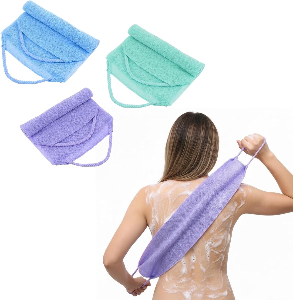 SnelShoppen - 3-delige rugscrubberset met handvatten, dubbelzijdig scrubdoekje, elastisch rugdoekje voor mannen en vrouwen, kleurrijk B, voor bad en d