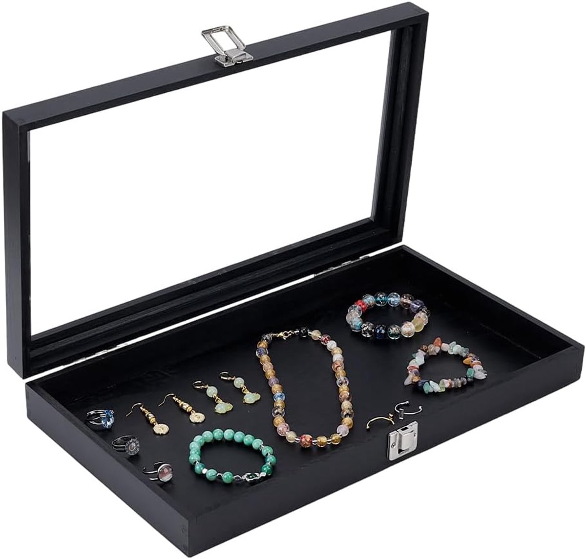 SnelShoppen - Houten Sieradenkist met Raamdeksel, 38 x 22 x 5.5 cm, Opslagdoos voor Armbanden, Sluitingen, Sieraden en Decoratie