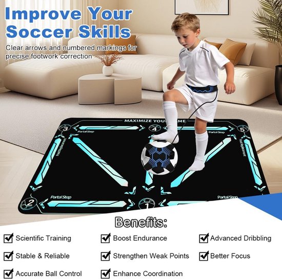 Voetbal Trainingsmat - Balcontrole Mat - Voetbaltraining Oefenen - Inclusief Balriem - 90 x 60 cm - Blauw Zwart — afbeelding 5