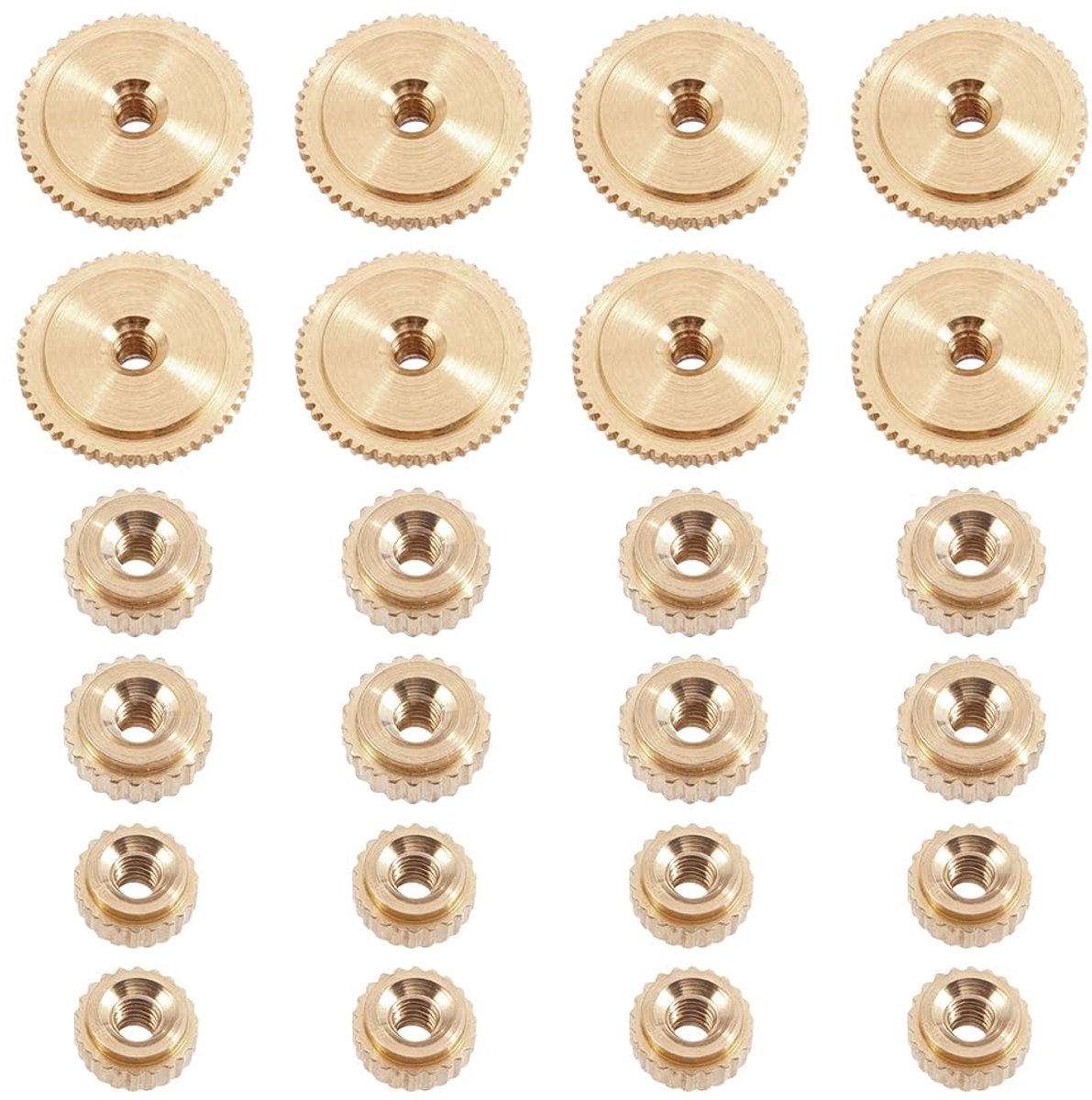 SnelShoppen - 24 Stuks Messing Klok Dial Moeren Assortiment, 5/6/10mm OD Platte Ronde Gouden Moeren voor Wandklok Reparatie en DIY Projecten