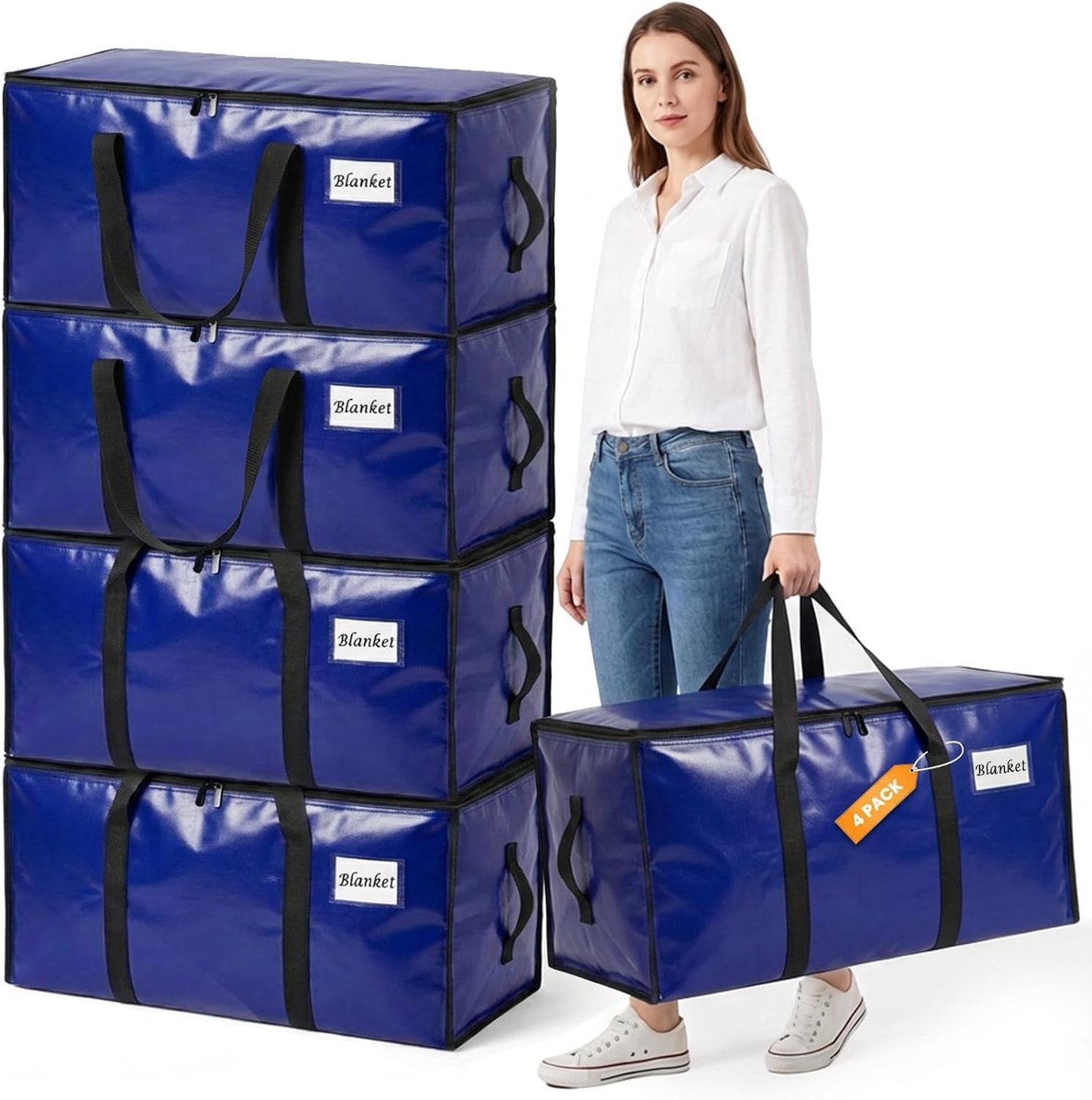 SnelShoppen - 4 Stuks 90L Heavy Duty Verhuisdozen & Kledingopbergzakken met Deksel en Rugzakbanden, Waterdichte Opbergzakken voor Verhuis, Kamperen, F