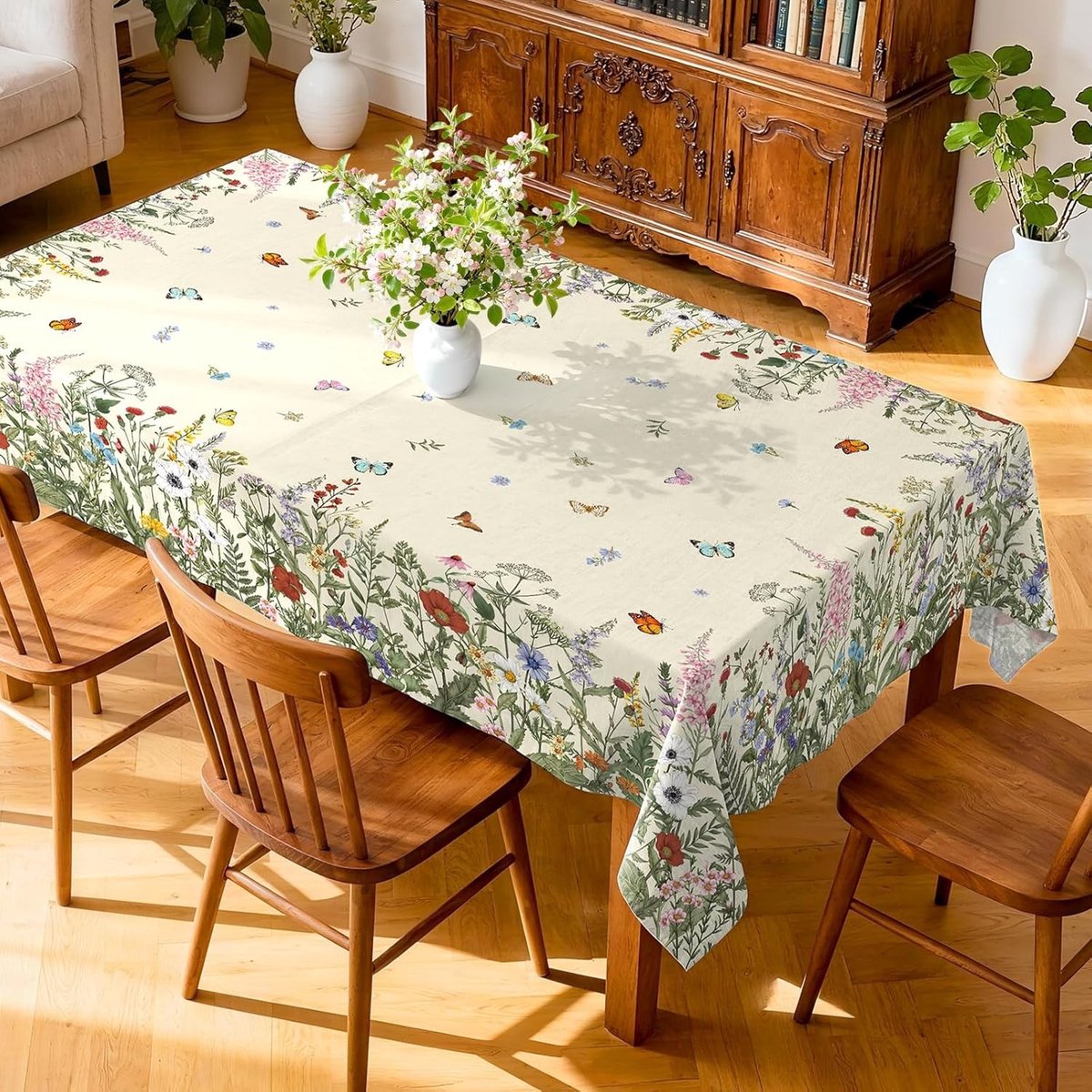Tafelkleed - Groen - 213,4 x 152,4 cm - Polyester Bloemenmotief - Voor Keuken en Buitendecoratie