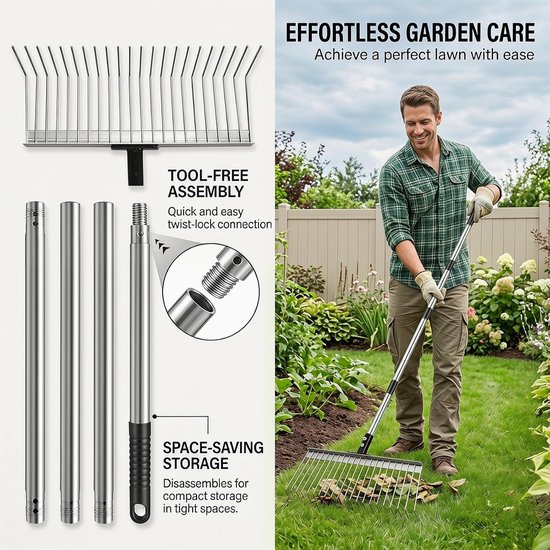 Robuuste Tuinhark met RVS Handvat van 160 cm en 21 Tanden, Ideaal voor Bladeren, Gras en Mulch, 40 cm Brede Hark voor Tuin en Gazon — afbeelding 4