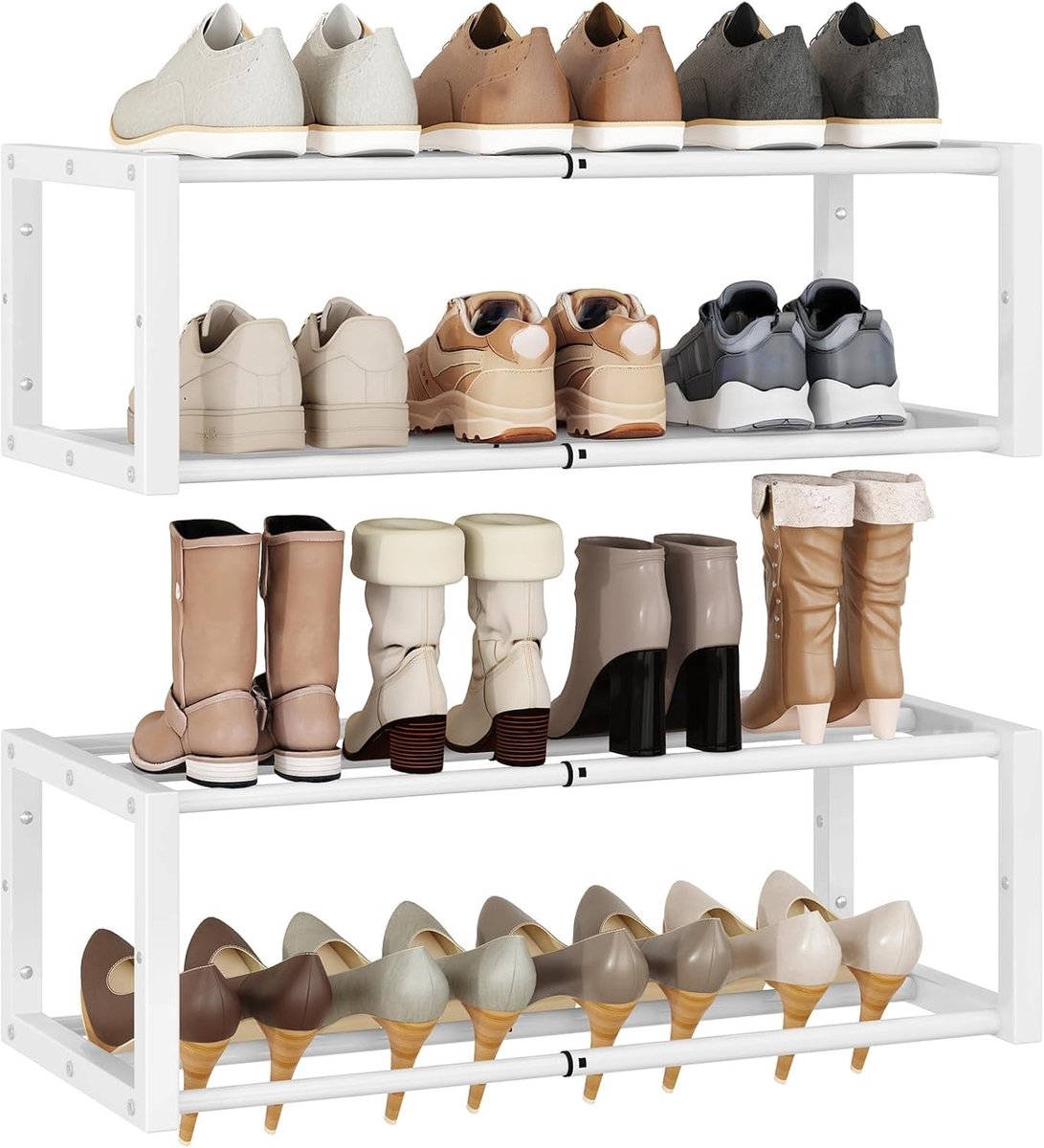 Schoenenrek met 2 niveaus in wit, ruimtebesparend en modern design voor optimale organisatie