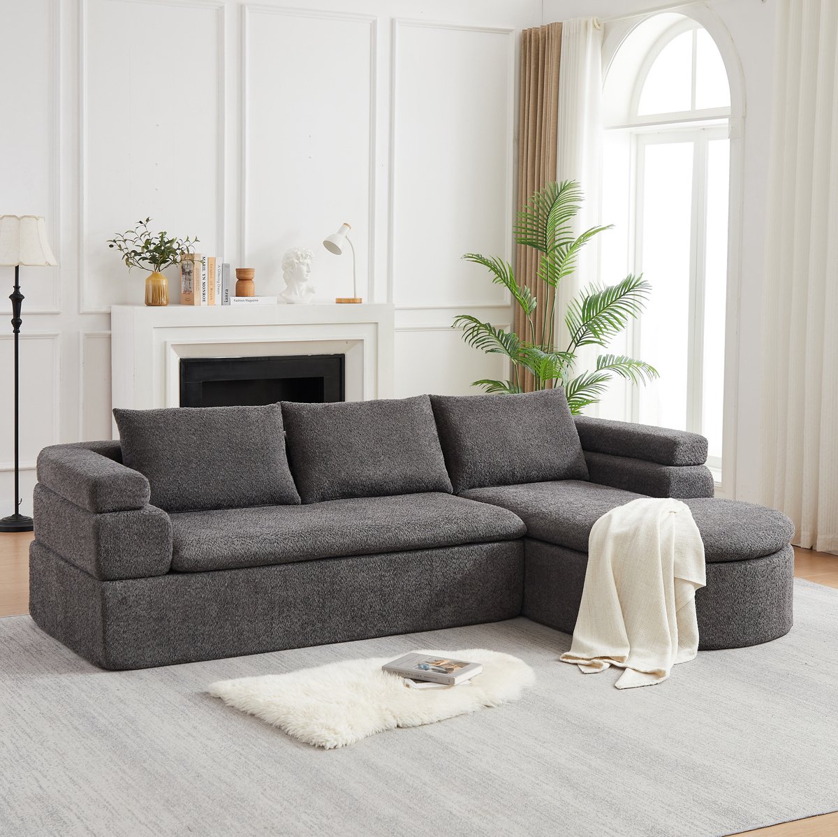 MIVRAY Hoekbank 3-Zits Met Chaise Longue Rechts - Moderne Chenille Hoekbank Met Stufenarmleuning - Voor Woonkamer En Appartement - Grijs