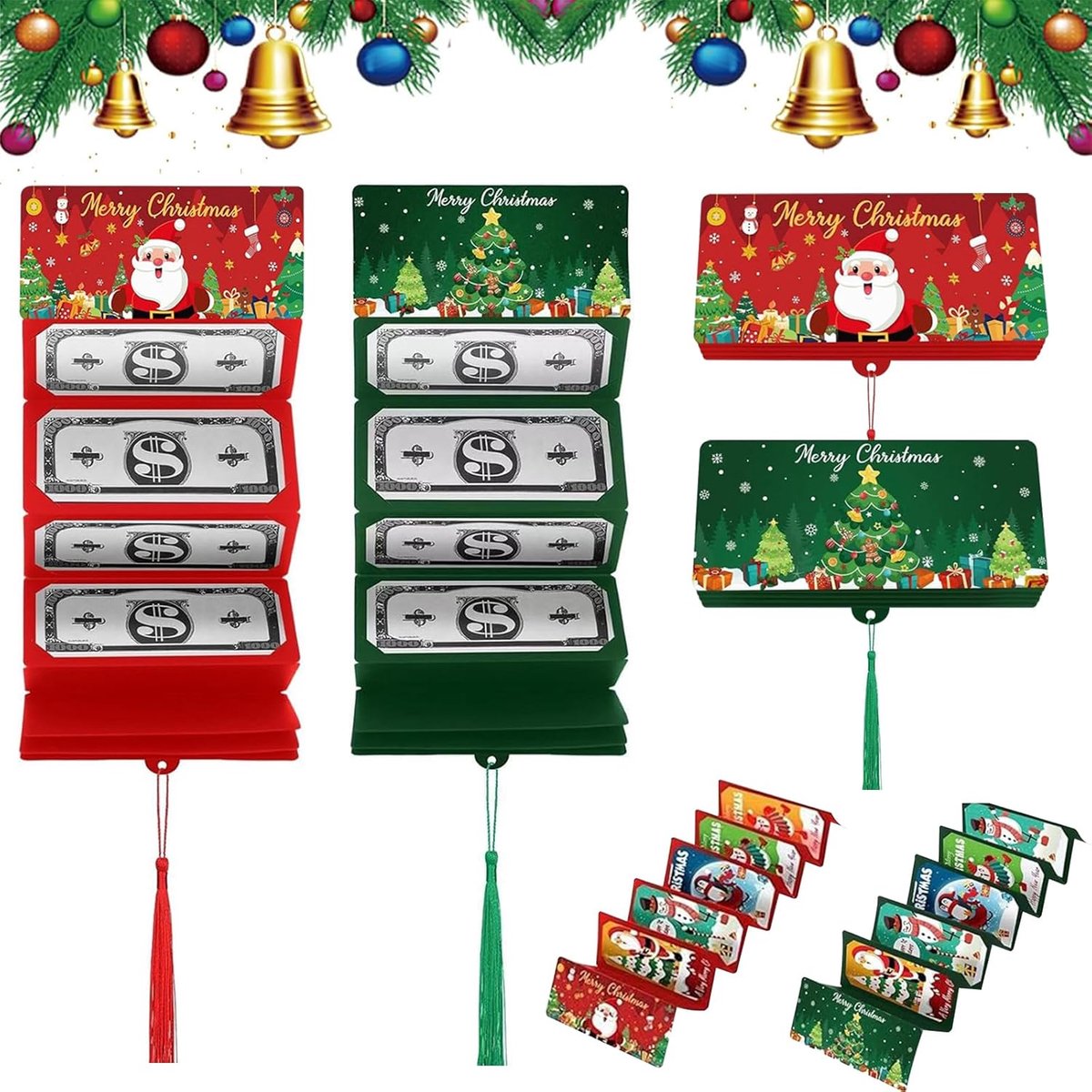 SnelShoppen - Pack van 4 Kerstkaarten voor Geld, Creatieve Kerstkaarten voor Bankbiljetten, Vouwbare Kerstkaarten voor Coupons, Hoogwaardige Kwaliteit