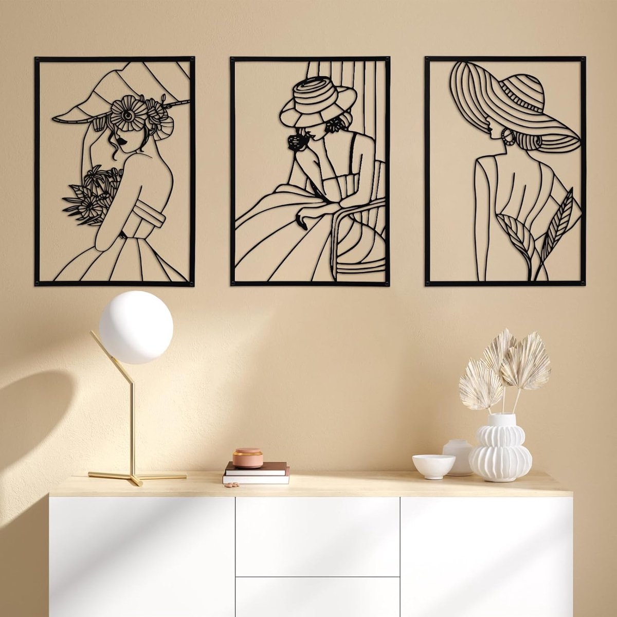 SnelShoppen - Set van 3 Metalen Wanddecoratie Vrouwelijke Wandhangers voor Slaapkamer en Woonkamer - Zwart Abstract - 3D Effect - Makkelijk te Install