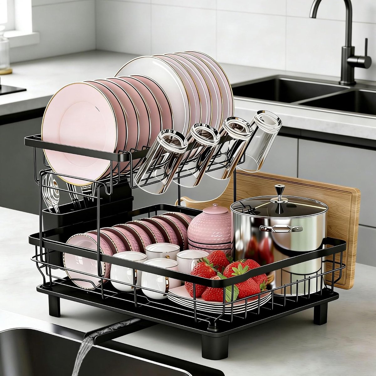 Dish dish rack, 2-stage dish rack with draining mat, stainless steel, dish rack with cup holder, drainer tray, utensil - ShopVlot
