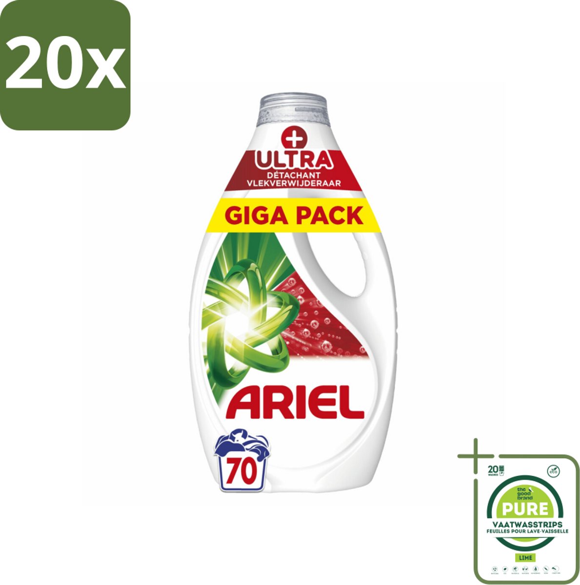 20 x Ariel - Vloeibaar Wasmiddel - +Ultra Vlekverwijderaar - 70 Wasbeurten - 3150 ml - Grootverpakking - Ariel Wasmiddel - Vlekkenverwijderaar - Wasmiddel Vloeibaar - Wasmiddel Voor Koude Was - Duurzaam Wasmiddel
