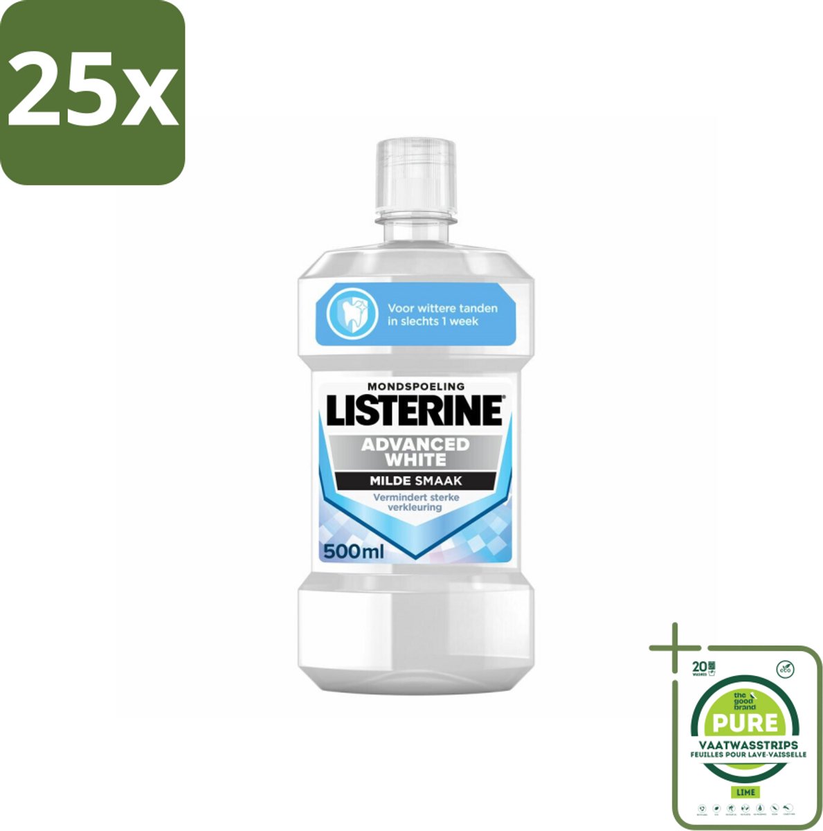 25 x Listerine – Mondwater – Advanced White – Mild – 500 ml - Grootverpakking - Wittere Tanden - Mondspoeling - Frisse Adem - Tandenverzorging - Mondhygiëne