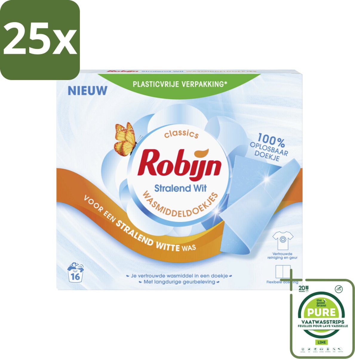 25 x Robijn Classics - Stralend Wit - Wasmiddeldoekjes - 16 Wasstrips - Grootverpakking - Wasmiddel - Wasstrips - Wasverzachter - Wasdoekjes - Stralend Wit