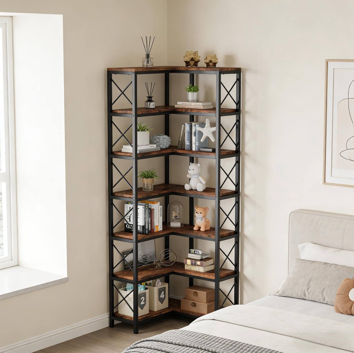 COVREO Hoekboekenkast 60x60x200 cm zwart, metaal en hout, 7 lagen