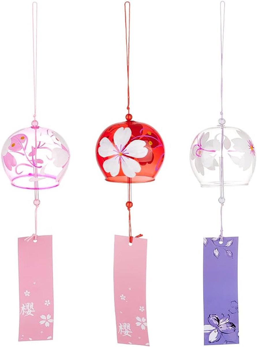 SnelShoppen - 3 Stuks Japanse Glas Windgong Kersenbloesem Donkerrood, Parelroze, Middelpaarse Tuindecoratie met Papier Blessingspendant voor Bruiloft