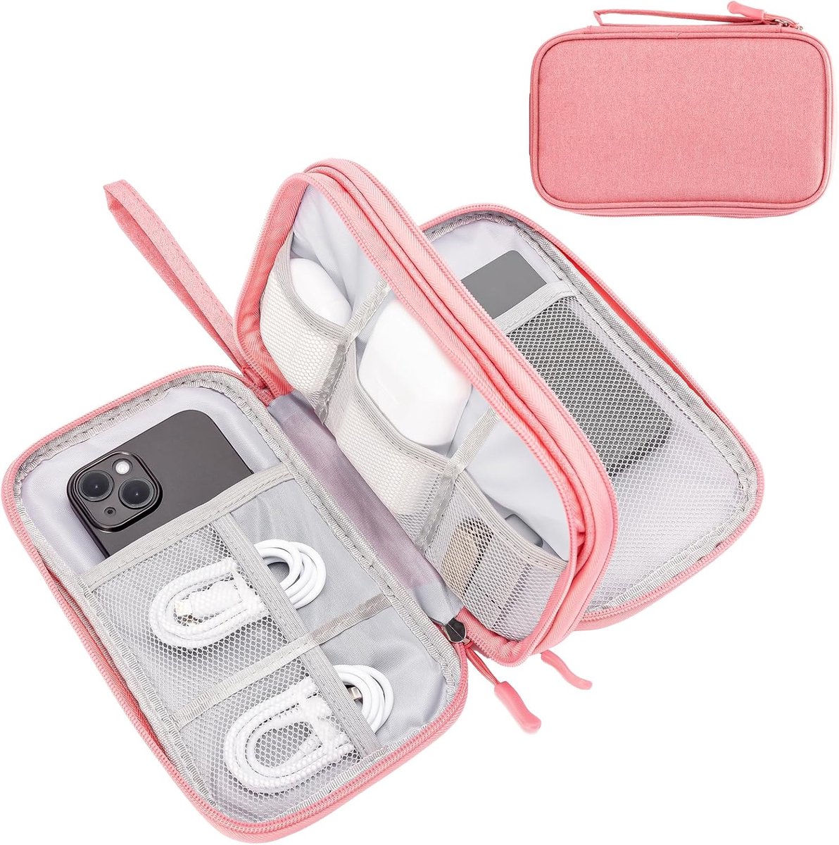SnelShoppen - Reis Kabel Organizer met 3 Lagen, Handige Accessoires, Tas Organizer voor Kabels, Lader, Powerbank, Adapter, Roze, Maat S