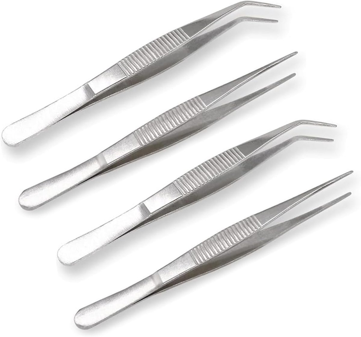 Pincetten Roestvrij Staal - Multifunctionele Tang - Hobby en Knutselen - Antislip Gekarteld Oppervlak - 4 stuks - Zilver