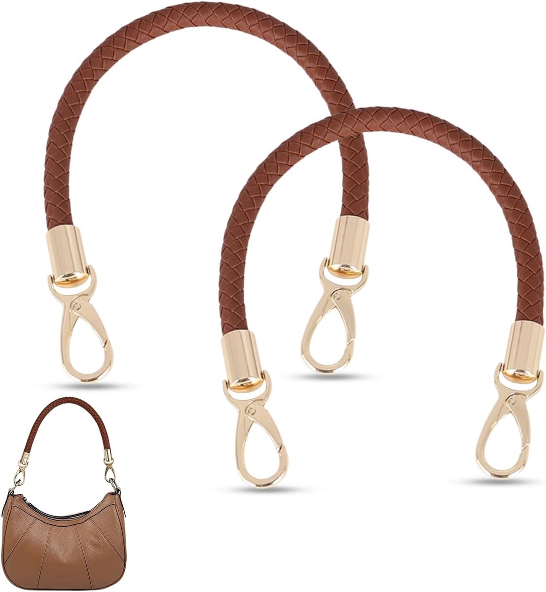 SnelShoppen - Handtas Handvatten Set van 2, 40 cm, PU Leer, Vlechtwerk, Bruin | Vervangende Handtas, Schoudertas, Tote Bag, Klein