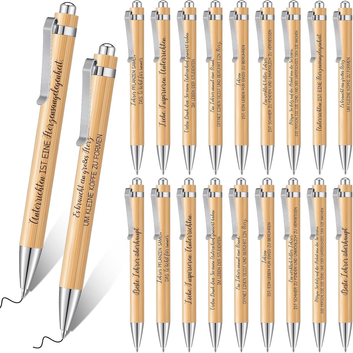 SnelShoppen - 20 Inspirerende Bamboe Pennen - Motiverende Houten Balpen met Inspirerende Citaten - Zwart Inkt Pennen voor Schrijven, Notities, Leraren